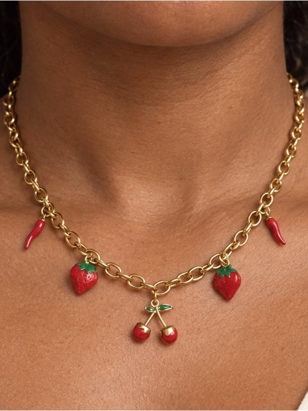 Strawberry and Cherry 18k gold plated Fruit Necklace